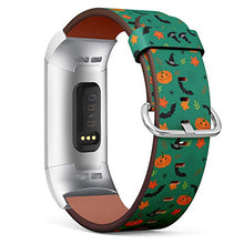 Load image into Gallery viewer, Replacement Leather Strap Printing Wristbands Compatible with Fitbit Charge 3 / Charge 3 SE - Halloween Pumpkin, Bats, Autumn Leaves, Spider, Web on Blue Teal Background
