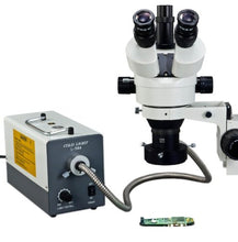 Load image into Gallery viewer, OMAX 3.5X-90X Zoom Trinocular Dual-Bar Boom Stand Stereo Microscope with Cold Ring Fiber Light
