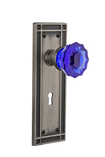 Nostalgic Warehouse 723882 Mission Plate with Keyhole Double Dummy Crystal Cobalt Glass Door Knob in Antique Pewter