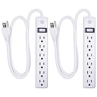 GE 6 Grounded Outlet Surge Protector, 450 Joules, 2 Pack Power Strip, 3 Ft Long Extension Cord, Heavy Duty, On/Off Switch, Integrated Circuit Breaker, Warranty, UL Listed, White, 14709