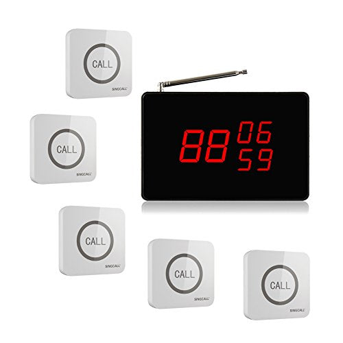 SINGCALL Service Calling System,for Cafe,Hotel,Big Touching Button,Can Be Pin on the Wall,Convenient Waterproof,Bathroom,Pack of 5 Bells and 1 Receiver