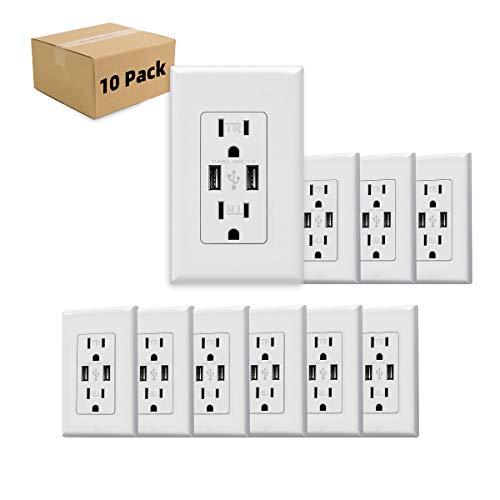USB Charger Wall Outlet Dual High Speed Duplex Receptacle 15-Amp, Smart 3.1A Quick Charging Capability, Tamper Resistant Outlet Wall Plate Included MICMI C10, White 10pack