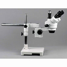 Load image into Gallery viewer, AmScope SM-3TZZ Professional Trinocular Stereo Zoom Microscope, WH10x and WH20x Eyepieces, 3.5X-180X Magnification, 0.7X-4.5X Zoom Objective, Ambient Lighting, Single-Arm Boom Stand, Includes 0.5X and

