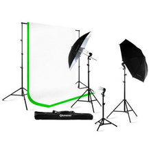 Load image into Gallery viewer, Lumenex Studio 420 Watt Photography Lighting Light Kit + 10&#39; x 10&#39; 100% Cotton Green Chroma Key Muslin Backdrop Background + 10&#39; x 10&#39; 100% Cotton White Muslin Backdrop Background Photo Portrait Studi
