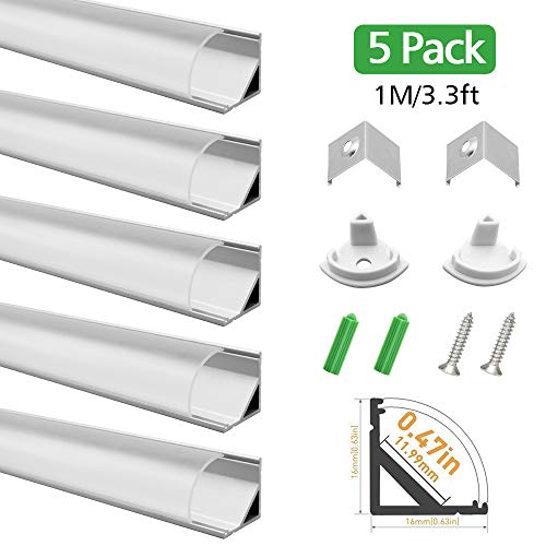 LightingWill Clear LED Aluminum Channel V Shape Corner Mounted 3.3Ft/1M 5 Pack Sliver Extrusion for <12mm 5050 3528 LED Flex/Hard Strip Lights with Covers, End Caps, and Mounting Clips TP-V02S5