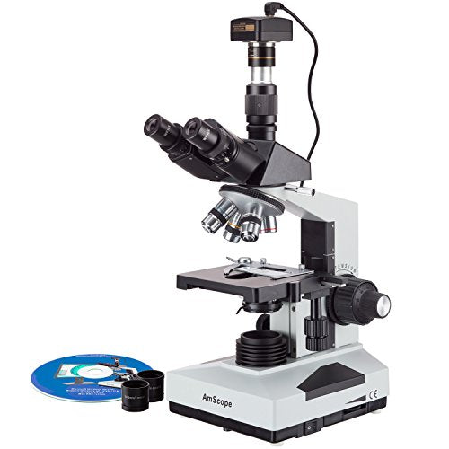 AmScope T490A-5M Digital Compound Trinocular Microscope, WF10x and WF16x Eyepieces, 40X-1600X Magnification, Brightfield, Halogen Illumination, Abbe Condenser, Double-Layer Mechanical Stage, Sliding H