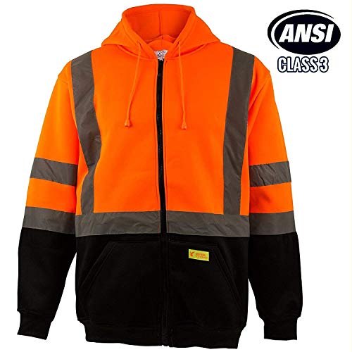 New York Hi-Viz Workwear H9011 Men's ANSI Class 3 High Visibility Class 3 Sweatshirt, Full Zip Hooded, Lightweight, Black Bottom (Extra Large)