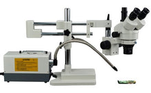 Load image into Gallery viewer, OMAX 3.5X-90X Zoom Trinocular Dual-Bar Boom Stand Stereo Microscope with Cold Y-Type Gooseneck Fiber Light
