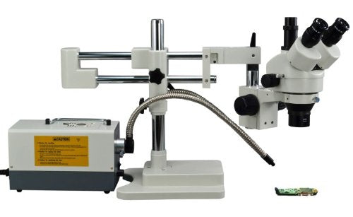 OMAX 2X-90X Zoom Trinocular Dual-Bar Boom Stand Stereo Microscope with Cold Y-Type Gooseneck Fiber Light