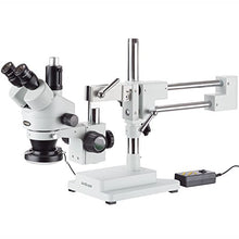 Load image into Gallery viewer, AmScope SM-4TY-144A Professional Trinocular Stereo Zoom Microscope, WH10x Eyepieces, 7X-90X Magnification, 0.7X-4.5X Zoom Objective, Four-Zone LED Ring Light, Double-Arm Boom Stand, 110V-240V, Include
