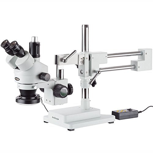 AmScope SM-4TY-144A Professional Trinocular Stereo Zoom Microscope, WH10x Eyepieces, 7X-90X Magnification, 0.7X-4.5X Zoom Objective, Four-Zone LED Ring Light, Double-Arm Boom Stand, 110V-240V, Include