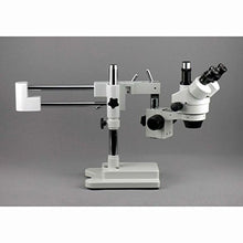 Load image into Gallery viewer, AmScope SM-4TZ-FRL-M Digital Professional Trinocular Stereo Zoom Microscope, WH10x Eyepieces, 3.5X-90X Magnification, 0.7X-4.5X Zoom Objective, 8W Fluorescent Ring Light, Double-Arm Boom Stand, 110V-1
