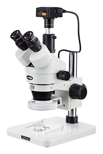 AmScope SM-1TSZ-144S-9M Digital Professional Trinocular Stereo Zoom Microscope, WH10x Eyepieces, 3.5X-90X Magnification, 0.7X-4.5X Zoom Objective, 144-Bulb LED Ring Light, Pillar Stand, 110V-240V, Inc