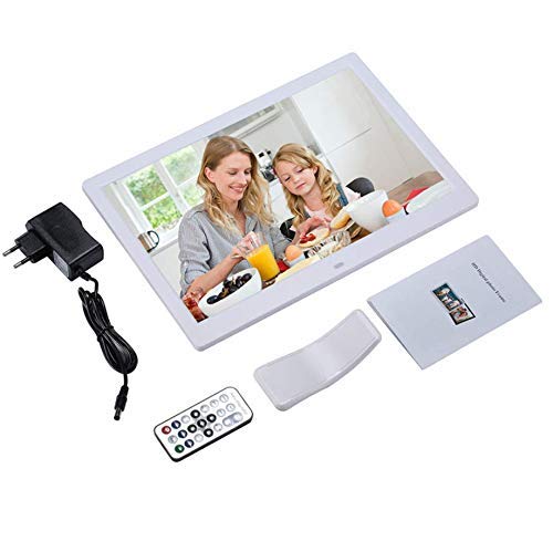 HE Digital Photo Frame 12-Inch Widescreen Display Pictures and Videos on Your Photo Frame Via Mobile App or Email, Music Playback, Auto-Sensing, for SD, Mini SD, with Remote Control,White