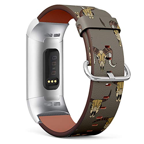 Replacement Leather Strap Printing Wristbands Compatible with Fitbit Charge 3 / Charge 3 SE - Tribal Pattern with Fitbit Skulls of Animals