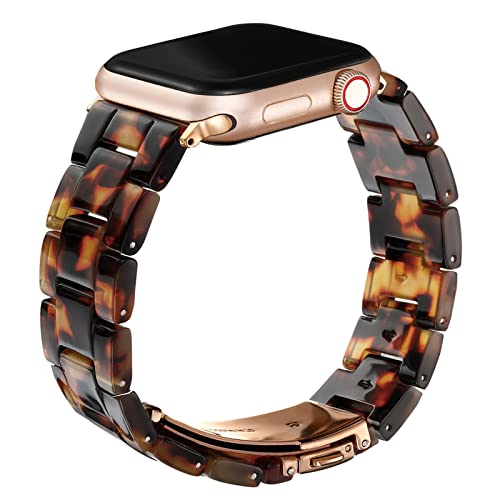 Wongeto Compatible Apple Watch Band Women Men- Fashion Resin iWatch Band Bracelet with Copper Stainless Steel Buckle for Apple Watch SE,Series 7/ 6/ SE/5/4/3/2/1 (Rose Gold+Tortoise, 38mm/40mm/41mm)