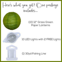 Load image into Gallery viewer, Just Artifacts 12inch Decorative Round Chinese Paper Lanterns 10pcs w/ 12pc LED Lights and Clear String (Color: Grass Green)
