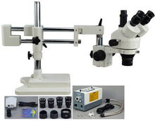 Load image into Gallery viewer, OMAX 3.5X-90X Digital Zoom Trinocular Dual-Bar Boom Stand Stereo Microscope with Cold Y-Type Gooseneck Fiber Light and 9.0MP USB Camera
