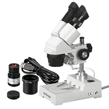 Load image into Gallery viewer, AmScope SE304-PZ-E1 Digital Binocular Stereo Microscope, WF10x and WF20x Eyepieces, 20X/40X/80X Magnification, 2X and 4X Objectives, Tungsten Lighting, Reversible Black/White Stage Plate, Pillar Stand
