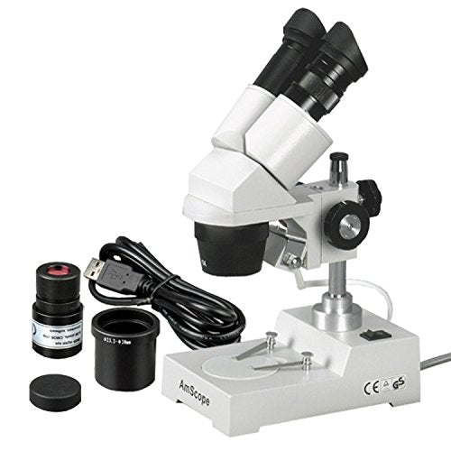 AmScope SE304-PZ-E1 Digital Binocular Stereo Microscope, WF10x and WF20x Eyepieces, 20X/40X/80X Magnification, 2X and 4X Objectives, Tungsten Lighting, Reversible Black/White Stage Plate, Pillar Stand