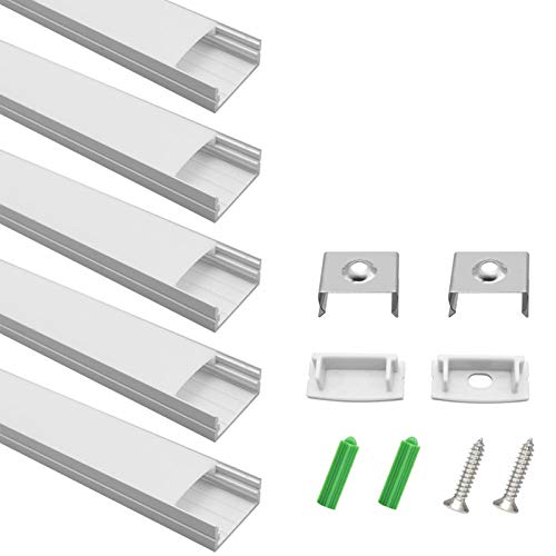 LightingWill 10-Pack U-Shape LED Aluminum Profile 3.28ft/1M Anodized Sliver Channel for <20mm Width SMD3528 5050 LED Strips Installation with Opaque Frosted Lens, End Caps and Mounting Clips U04S10