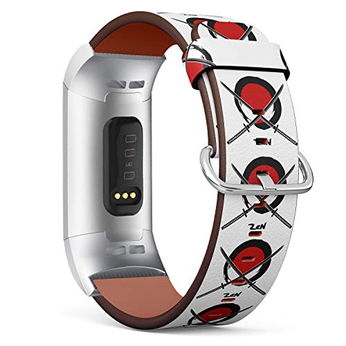Replacement Leather Strap Printing Wristbands Compatible with Fitbit Charge 3 / Charge 3 SE - Zen Design of Red Sun and Crossed Samurai Swords