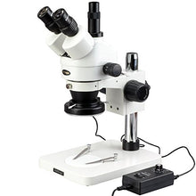 Load image into Gallery viewer, AmScope SM-1TSZ-144 Professional Trinocular Stereo Zoom Microscope, WH10x Eyepieces, 3.5X-90X Magnification, 0.7X-4.5X Zoom Objective, 144-Bulb LED Ring Light, Pillar Stand, Includes 0.5X and 2.0X Bar
