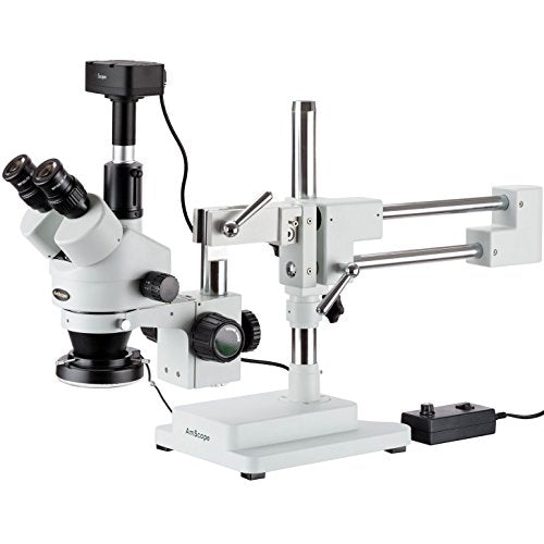 AmScope SM-4TZ-144-5MT Trinocular Stereo Microscope, WF10x Eyepieces, 3.5X-90X Magnification, 0.7X-4.5X Objective Power, 0.5X and 2.0X Barlow Lenses, 144-Bulb Ring-Style LED Light Source, Double-Arm B