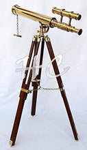 Load image into Gallery viewer, Marine Nautical Navy Brass Double Barrel Telescope 18&quot; with Wooden Tripod Stand
