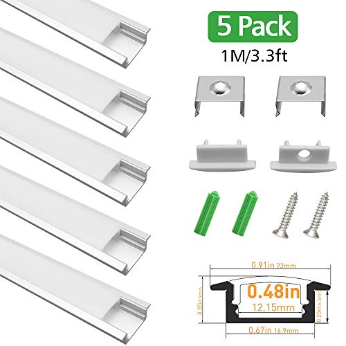 LightingWill 5-Pack 3.3ft/1M 9x23mm Silver U-Shape Internal Width 12mm LED Aluminum Channel System with Cover, End Caps and Mounting Clips Aluminum Extrusion for LED Strip Light Installations-U01S5