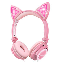 Isightguard Kids Headphones, Wired Headphones On Ear, Cat Ear Headphones with LED for Girls, 3.5mm Audio Jack for Cell Phone (Peach)