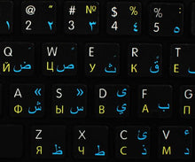 Load image into Gallery viewer, MAC NS ARABIC - RUSSIAN - ENGLISH NON-TRANSPARENT KEYBOARD LABELS BLACK BACKGROUND FOR DESKTOP, LAPTOP AND NOTEBOOK
