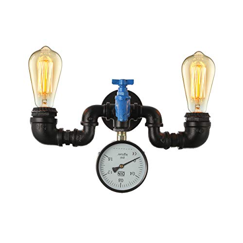 Retro Industrial Valve Water Pipes Wall Sconce Lights, CraftThink Iron Pipe Retro LOFT Wall lamp Edison Light Double Metal Sconces with Blue Tap (2 Lights)
