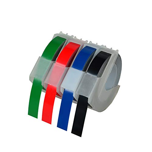 KCMYTONER 4 roll Pack Replace 3D Plastic Embossing Labels TapeWhite on Red Green Blue Black 3/8