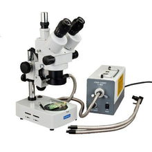 Load image into Gallery viewer, OMAX 3.5X-90X Zoom Trinocular Stereo Microscope with Dual Illmination System and Additional Gooseneck and Fiber Ring Light
