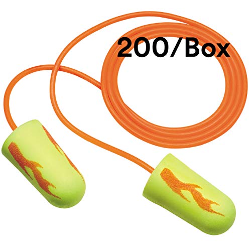 3M Ear Plugs, 200/Box, E-A-Rsoft Yellow Neon Blasts 311-1252, Corded, Disposable, Foam, NRR 33, Drilling, Grinding, Machining, Sawing, Sanding, Welding, 1/Poly Bag