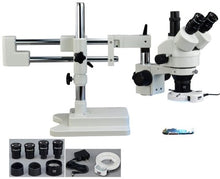 Load image into Gallery viewer, OMAX 3.5X-90X Zoom Trinocular Dual-Bar Boom Stand Stereo Microscope with 64 LED Ring Light
