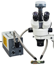 Load image into Gallery viewer, OMAX 3.5X-90X Digital Zoom Trinocular Dual-Bar Boom Stand Stereo Microscope with Cold Y-Type Gooseneck Fiber Light and 9.0MP USB Camera
