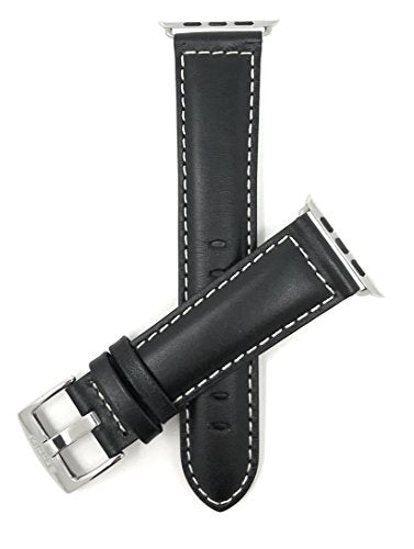 Bandini Replacement Watch Band for Apple Watch 42mm, Black, Leather, Mat Finish, White Stitching, Stainless Steel Buckle, Fits Series 1, 2, 3 and 4