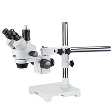 Load image into Gallery viewer, AmScope SM-3TZZ Professional Trinocular Stereo Zoom Microscope, WH10x and WH20x Eyepieces, 3.5X-180X Magnification, 0.7X-4.5X Zoom Objective, Ambient Lighting, Single-Arm Boom Stand, Includes 0.5X and

