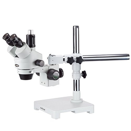 AmScope SM-3TZZ Professional Trinocular Stereo Zoom Microscope, WH10x and WH20x Eyepieces, 3.5X-180X Magnification, 0.7X-4.5X Zoom Objective, Ambient Lighting, Single-Arm Boom Stand, Includes 0.5X and