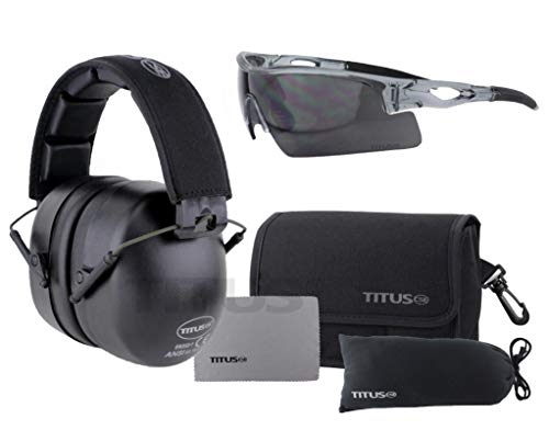 Titus 3 Series 37 NRR Noise Reduction Hearing Protection & G20 All-Sport Z87.1 Safety Glasses Combos (Red - Tac Band, Grey Frame - Smoke Lens)