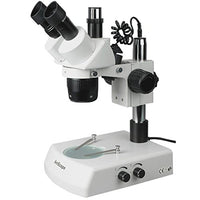 AmScope SW-2T13 Trinocular Stereo Microscope, WH10x Eyepieces, 10X and 30X Magnification, 1X/3X Objective, Upper and Lower Halogen Lighting, Pillar Stand, 110V-120V