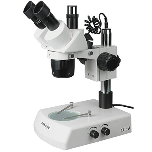 AmScope SW-2T13Z Trinocular Stereo Microscope, WH10x Eyepieces, 10X/20X/30X/60X Magnification, 1X/3X Objective, Upper and Lower Halogen Lighting, Pillar Stand, 110V-120V, Includes 2.0x Barlow Lens