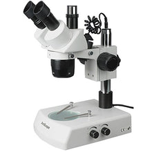 Load image into Gallery viewer, AmScope SW-2T24X Trinocular Stereo Microscope, WH10x Eyepieces, 10X/20X/40X Magnification, 2X/4X Objective, Upper and Lower Halogen Lighting, Pillar Stand, 110V-120V, Includes 0.5x Barlow Lens
