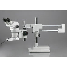 Load image into Gallery viewer, AmScope ZM-4BV3 Professional Binocular Stereo Zoom Microscope, EW10x and EW20x Eyepieces, 2X-180X Magnification, 0.67X-4.5X Zoom Objective, Ambient Lighting, Double-Arm Boom Stand, Includes 0.3x and 2
