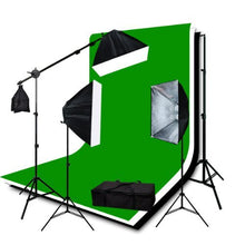 Load image into Gallery viewer, ePhotoInc 3200K Warm Lighting 2700 Watt Photography Studio Video Continuous Lighting SOFTBOX KIT 3PC 6 x 9 Muslin ChromaKey Green, Black, White Background Support Stand Kit H604SB-69BWG 3200K
