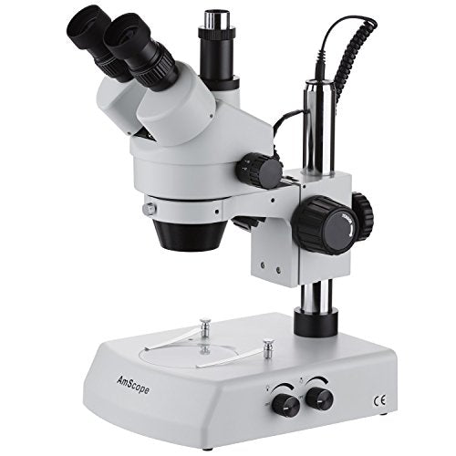 AmScope SM-2TY Professional Trinocular Stereo Zoom Microscope, WH10x Eyepieces, 7X-90X Magnification, 0.7X-4.5X Zoom Objective, Upper and Lower Halogen Lighting, Pillar Stand, 110V-120V, Includes 2.0X