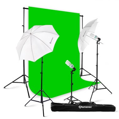 Lumenex Studio 600 Watt Photography Lighting Light Kit + 10' x 10' 100% Cotton Green Chroma Key Muslin Backdrop Background Photo Portrait Studio 32