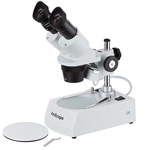 AmScope SE305R-P Forward-Mounted Binocular Stereo Microscope, WF10x Eyepieces, 10X and 30X Magnification, 1X and 3X Objectives, Upper and Lower Halogen Lighting, Reversible Black/White Stage Plate, Pi